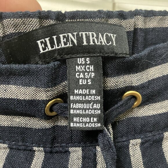 Ellen Tracy Linen Pants Womens S Blue Stripe Cropped Coastal Drawstring Boho - Picture 3 of 10